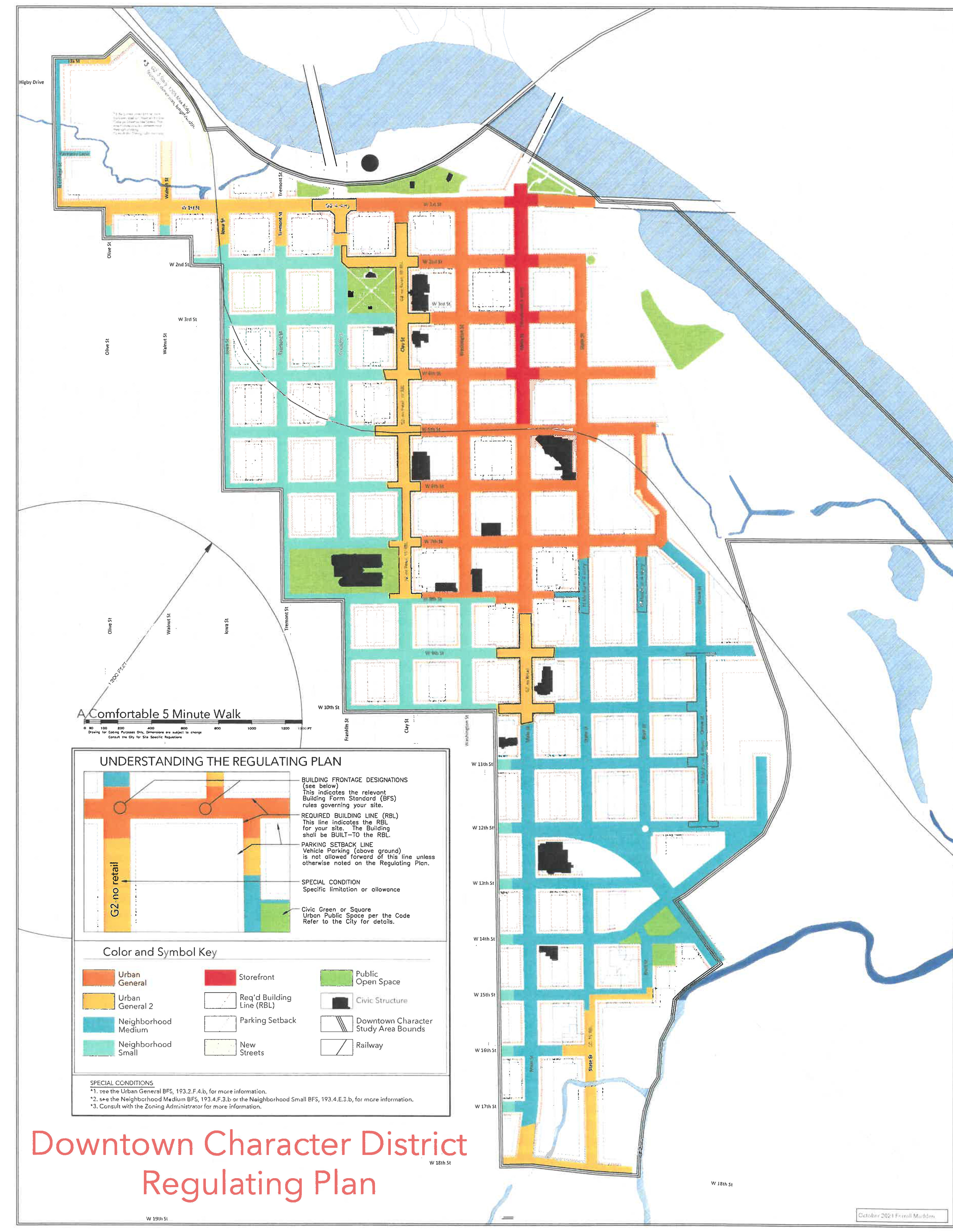Illustration C. This image of the regulating plan for the Downtown Character District is shown for illustrative purposes only; refer to the city for the regulating plan specific to your Character District.