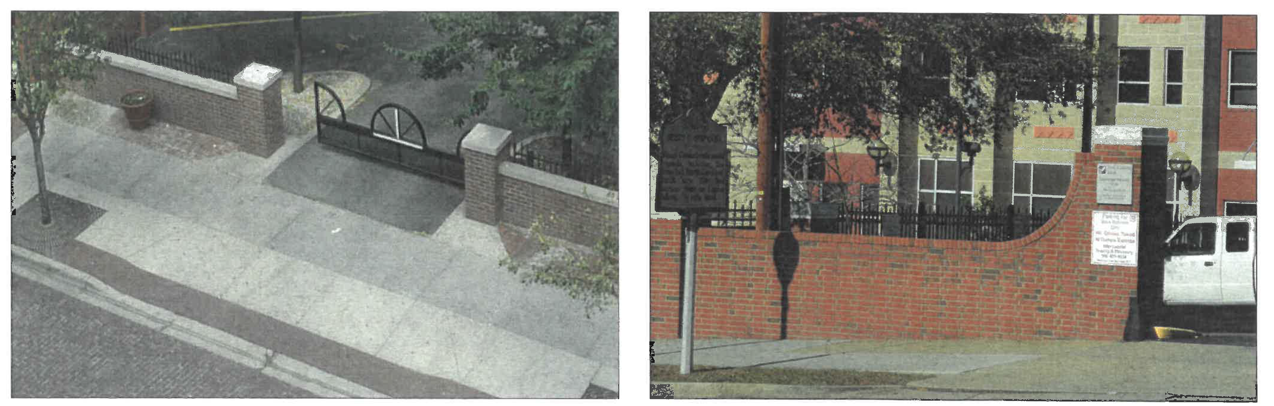 Street walls with coping and wrought iron along an unbuilt street frontage.