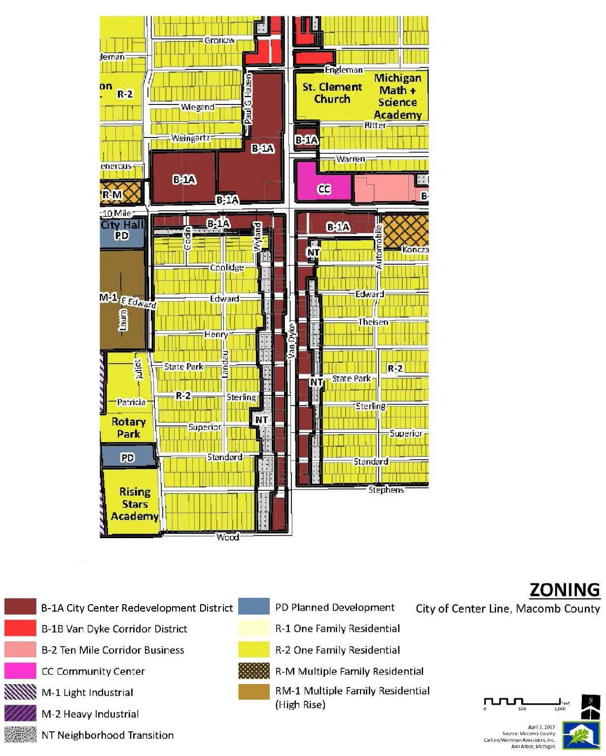 Figure 1. B-1A City Center Redevelopment District and adjacent zoning districts