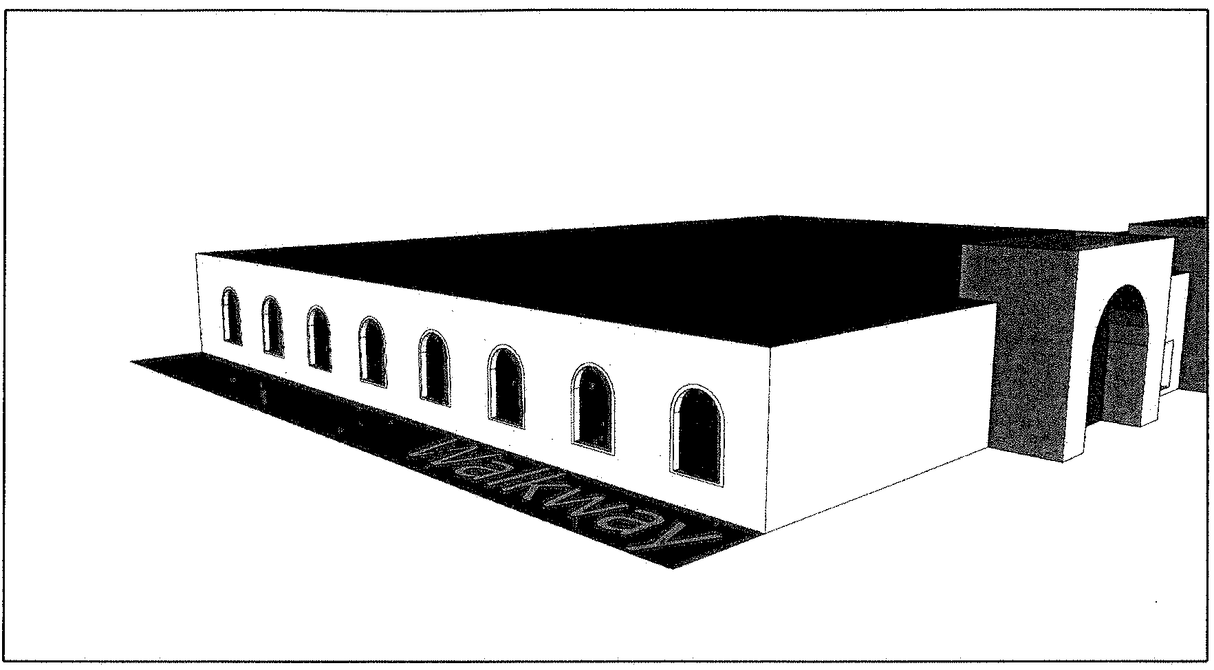 Fig. 1: Principal Building showing side walls facing walkway.