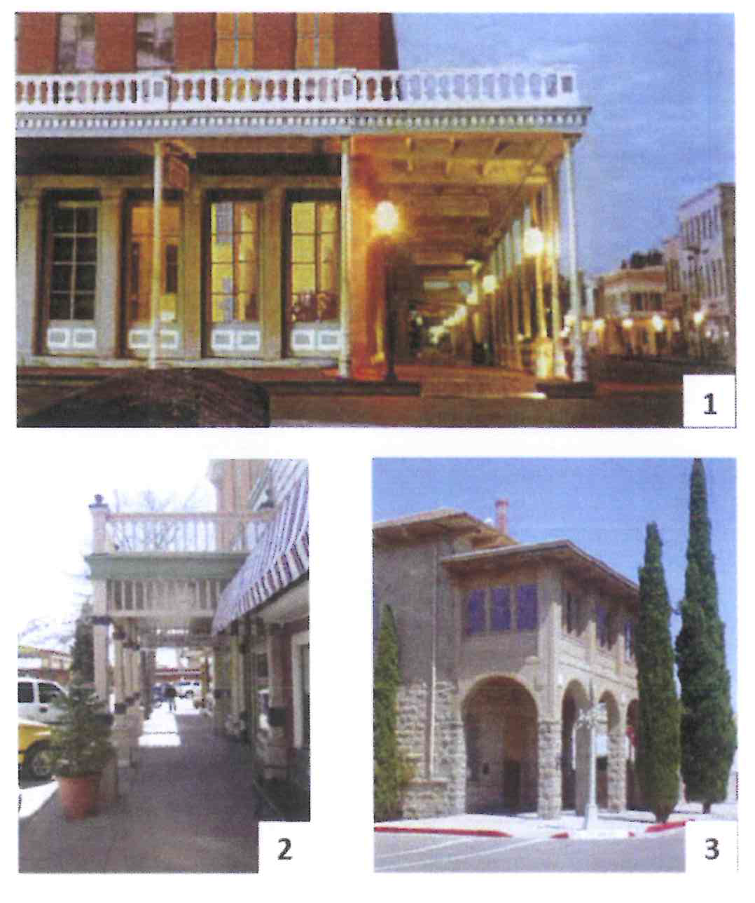 Figure 3-6: Example of galleries 1. Gallery with slender metal columns 2. Wood framer Gallery 3. Masonry Arcade with Habitable Space on the second floor