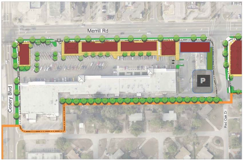 Figure 6 - Conceptual image of parking and building street frontage - generally applies to most Character Areas.