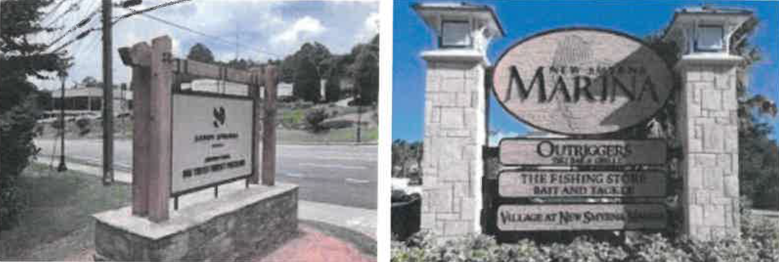 Figure 15:18 Examples of monument signs with a base, and/or columns consistent with and/or that complements the building design and materials