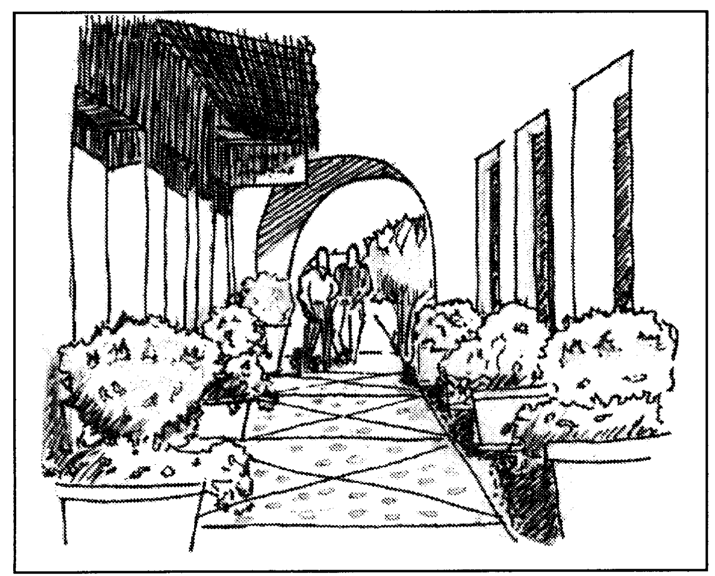 Covered arcades, potted plants, and distinctive paving give a feeling of intimacy and enclosure to walkways