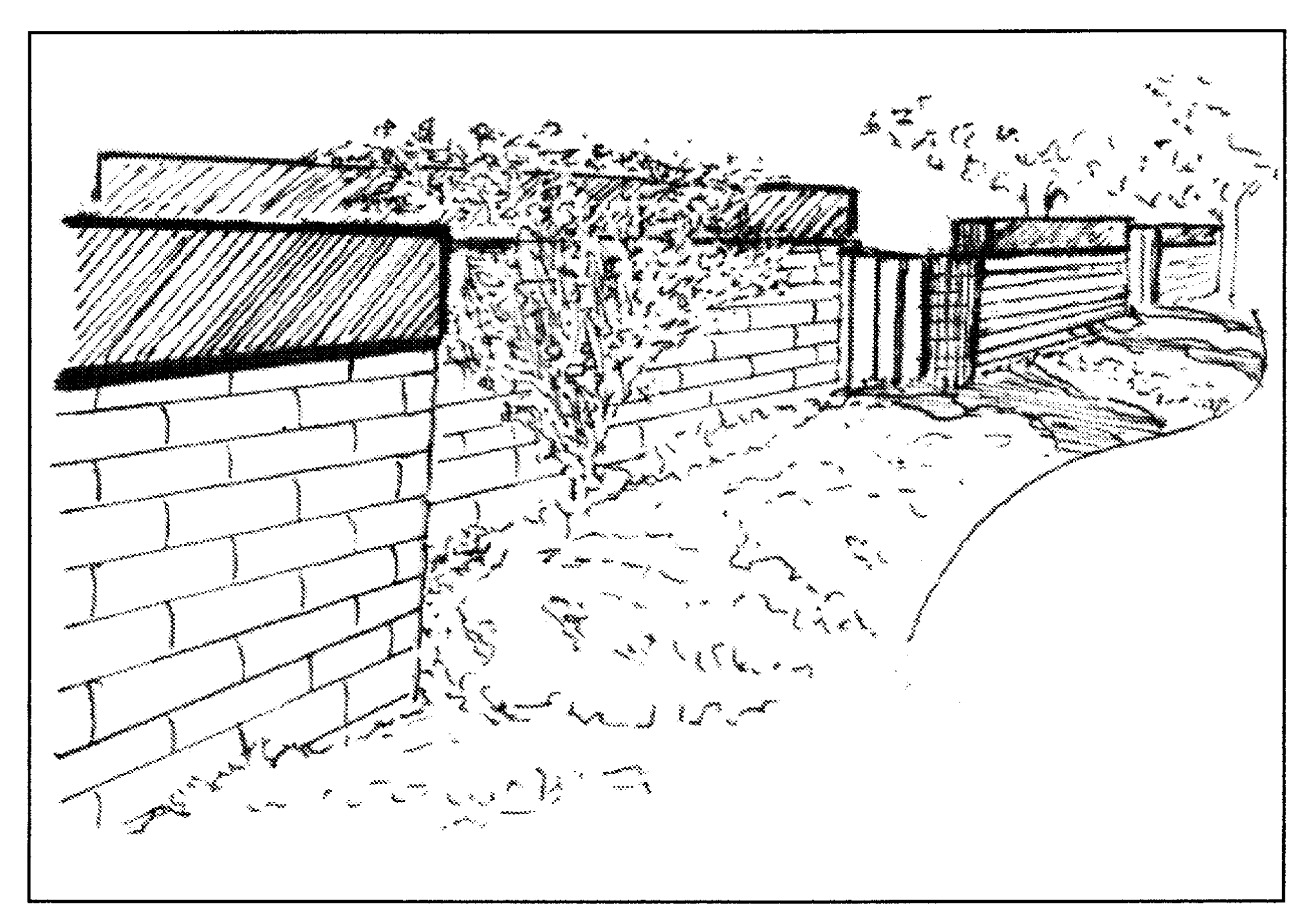 Offsets and landscape planting, such as vines and shrubs, serve to break up long freestanding walls