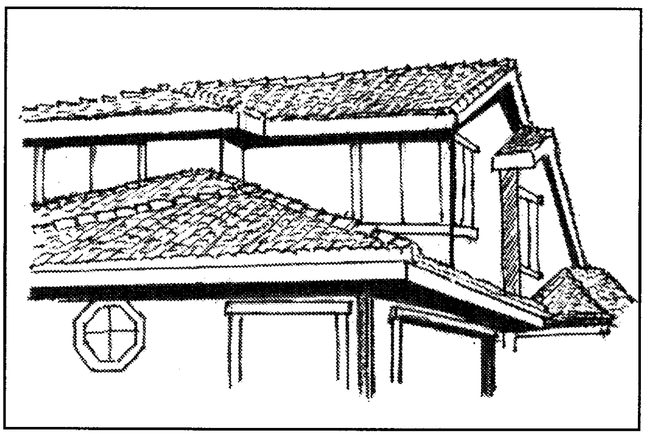 A careful mixture of roof types can add variety to residential buildings and reduce apparent building mass. Tile or other noncombustible materials are required