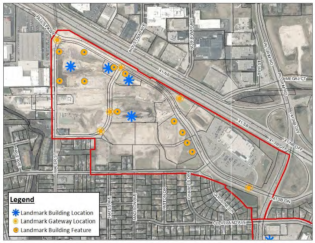 Figure 122-823.5 Landmark Building and Feature Map in the Falls Parkway Sub-District