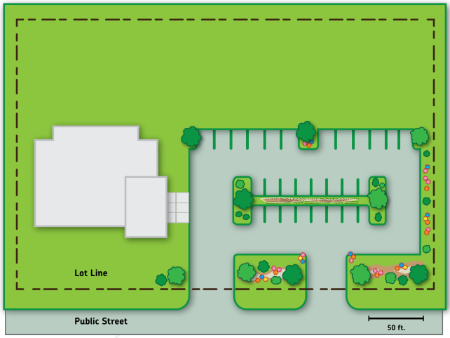 Figure 520-79(1): Hard- and Gravel-Surfaced Landscaping Example Assuming Mature Planting Sizes