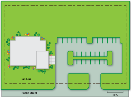 Figure 520-79(2): Building Foundation Landscaping Example Assuming Mature Planting Sizes