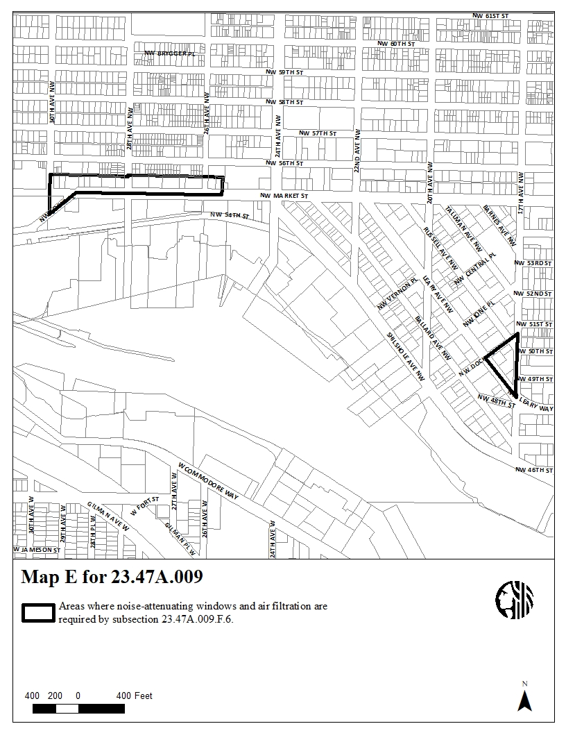 Map E for 23.47A.009 Areas where noise-attenuating windows and air cooling and ventilation are required