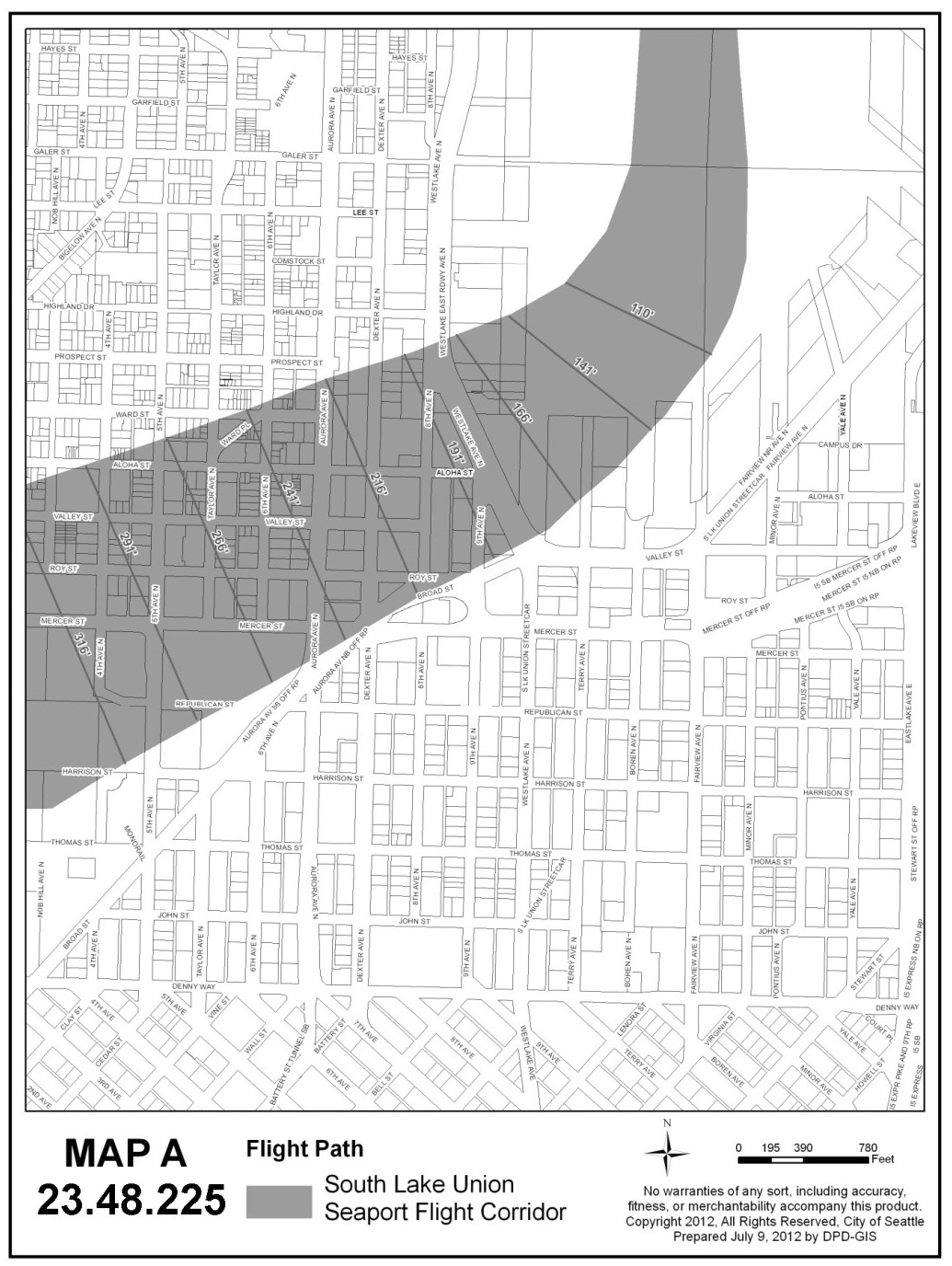 Map A for 23.48.225 South Lake Union Seaport Flight Corridor
