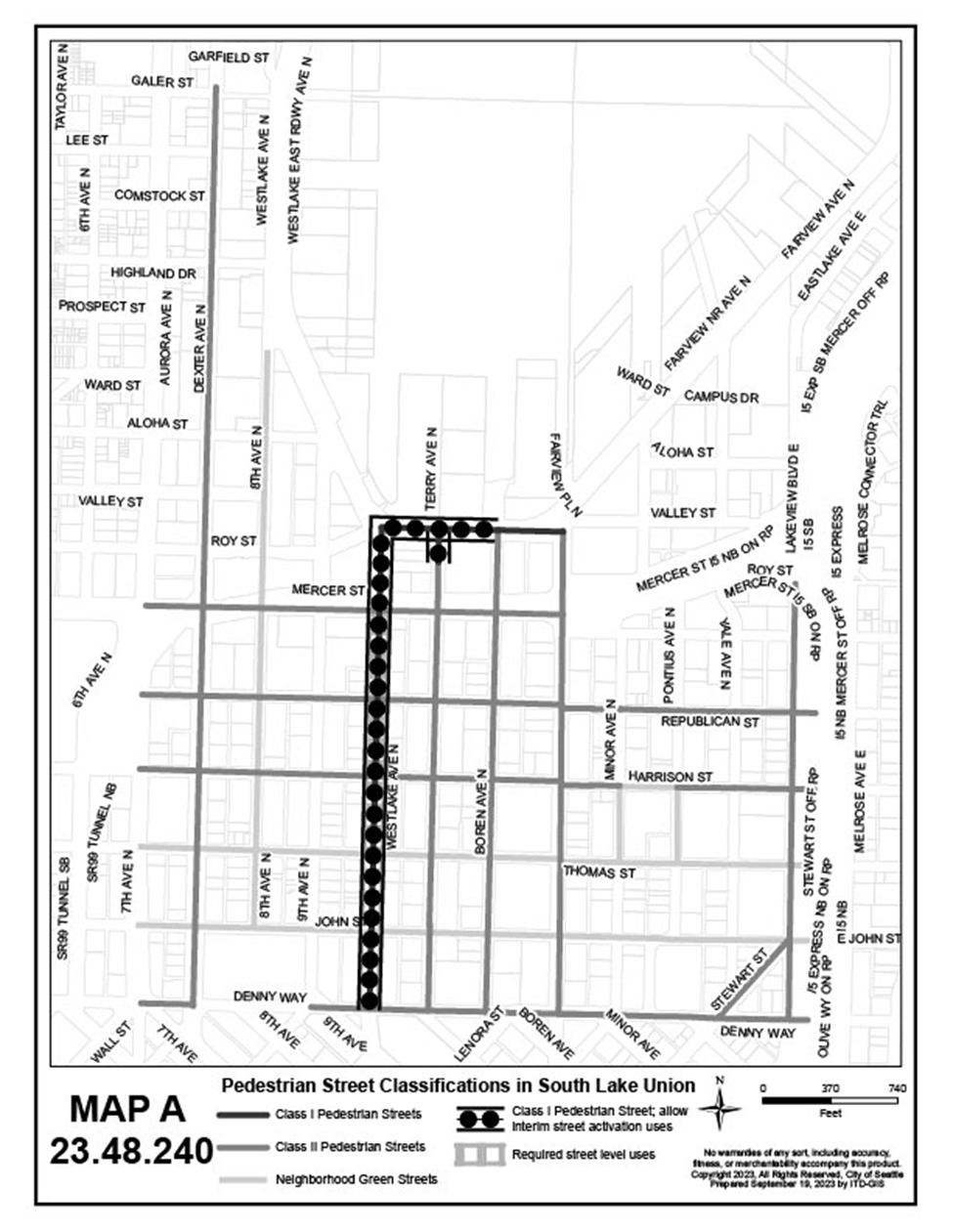 Map A for 23.48.240 Pedestrian Street Classifications in South Lake Union