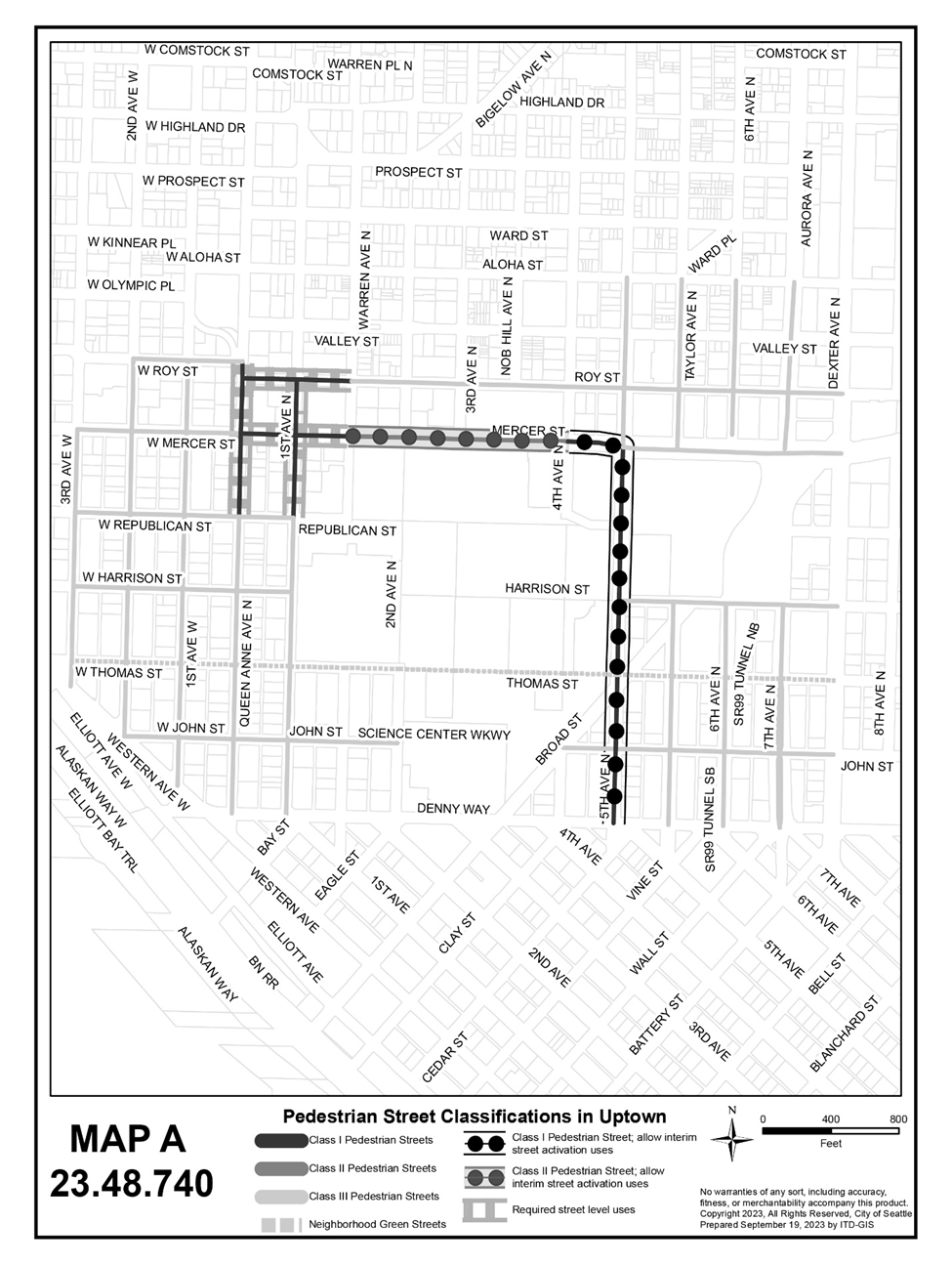 Map A for 23.48.740 Pedestrian street classifications in Uptown