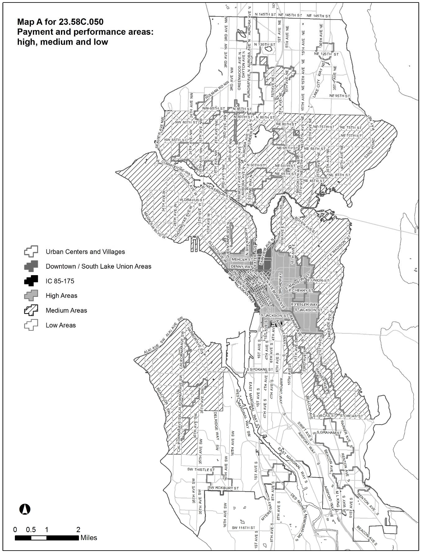 Map A for 23.58C.050 Payment and performance areas: high, medium, and low