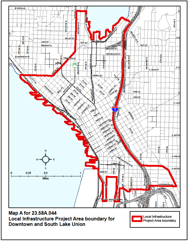 Map A for 23.58A.044 Local Infrastructure Project Area boundary for Downtown and South Lake Union