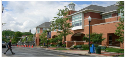 Street-oriented Civic building supports walkability.