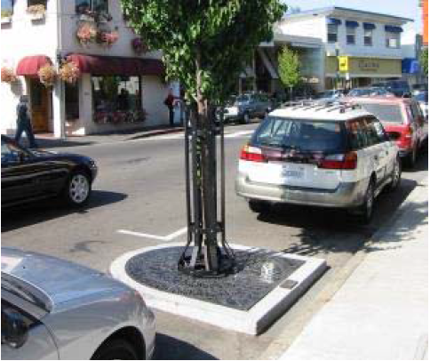 In-street tree planters can provide shade and beauty while maximizing the pedestrian walkway in areas with space constraints.