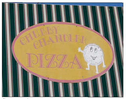 Sloping panel signage on awning.