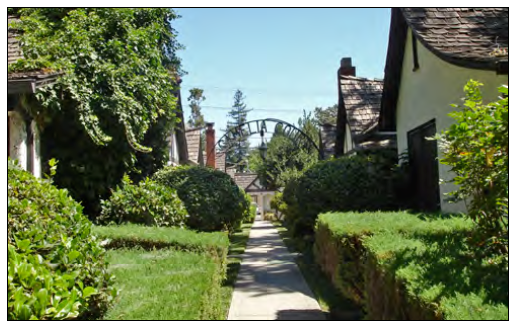 Bungalow court with a heavily landscaped court.