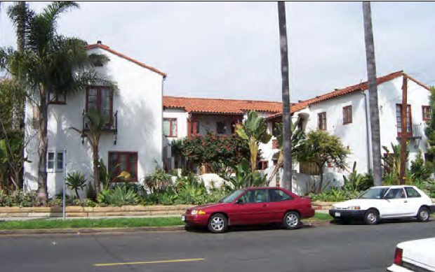 C-shaped courtyard building; all units enter from courtyard.