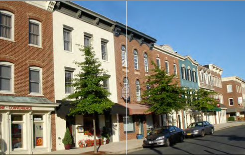 A series of small live/work type main street-mixed use buildings.