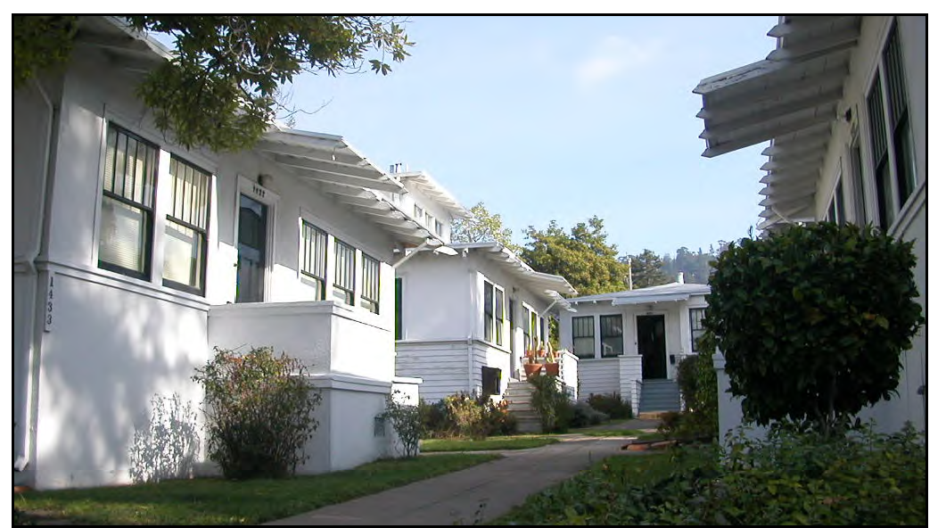 Prairie-style bungalow court with raised stoop entries.