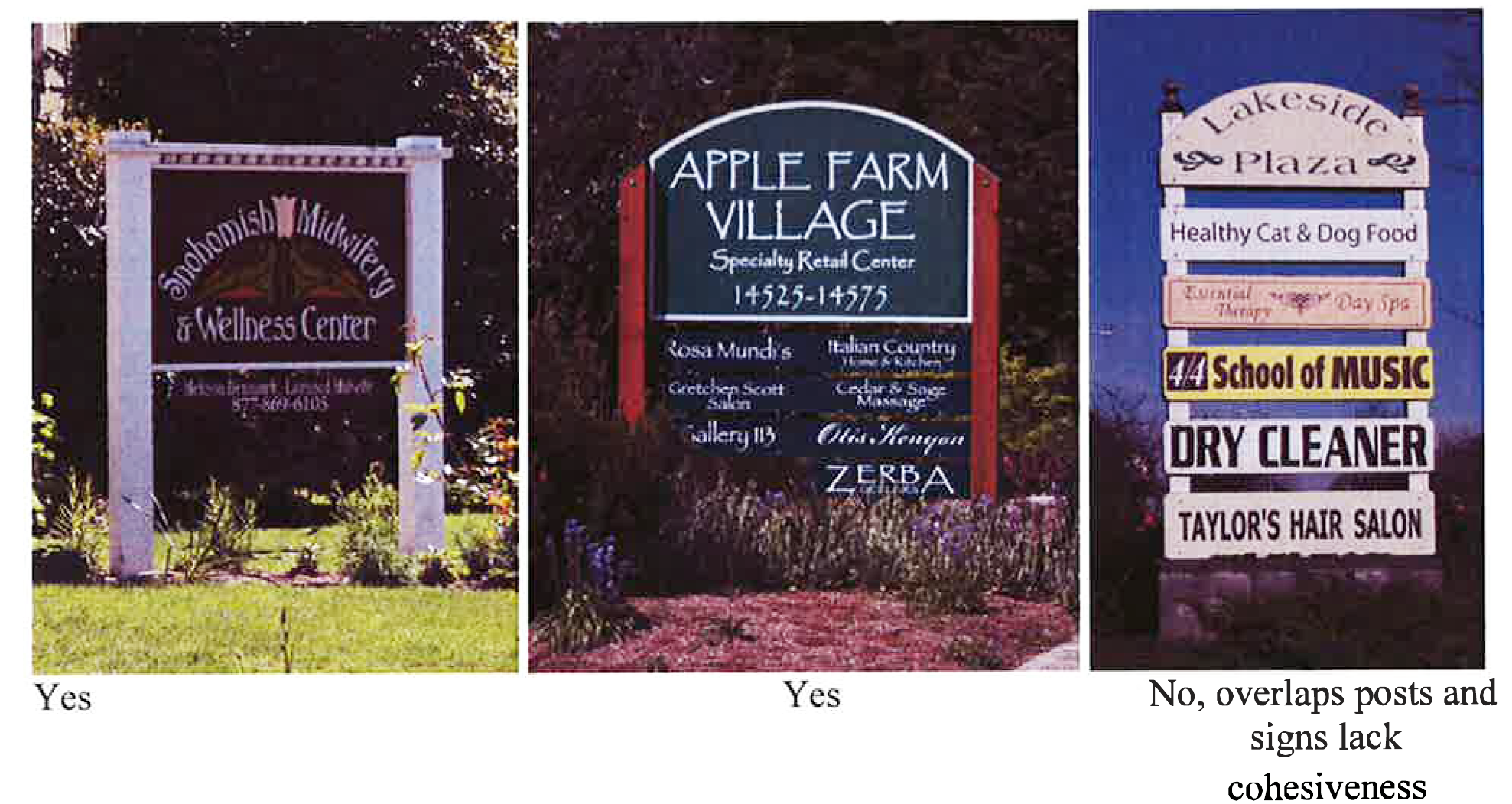 Figure 14.50.14. Acceptable and unacceptable twin post signs.