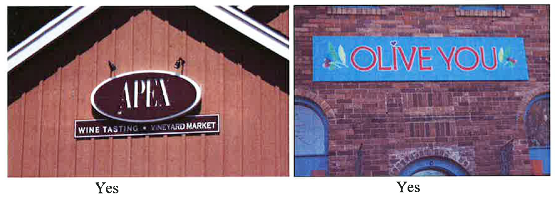 Figure 14.50.7. Acceptable and unacceptable wall sign examples.