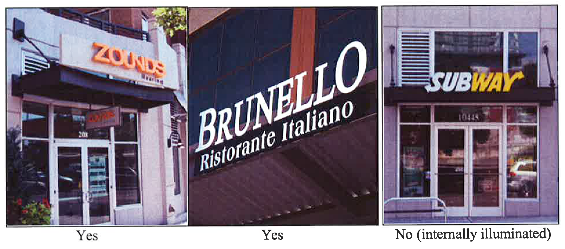 Figure 14.50.8. Acceptable and unacceptable marquee/awning signs.
