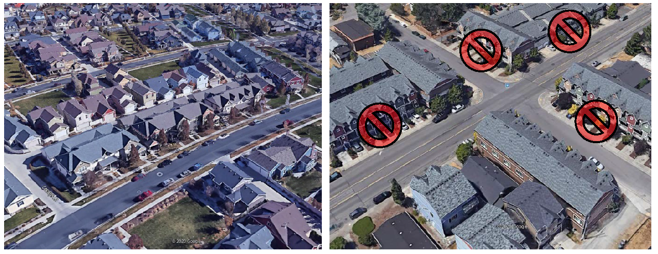 Figure 18.206.060-F.2 Acceptable and unacceptable townhouse driveway/orientation.