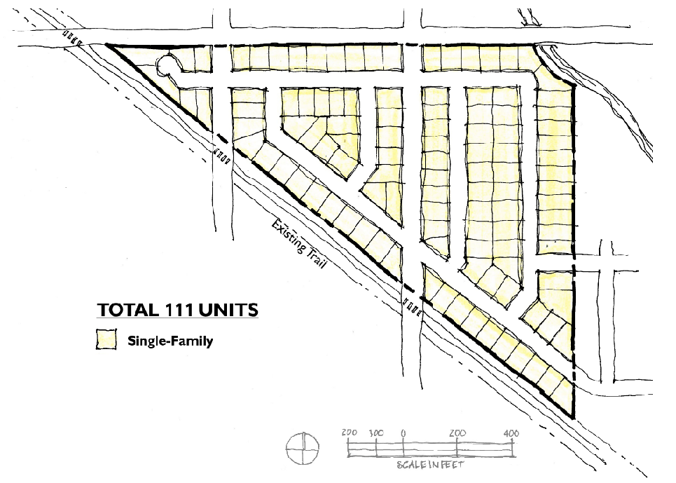 Figure 18.206.025-F Illustrating an example of a subdivision integrating missing middle housing types to allow for a modest density bonus.