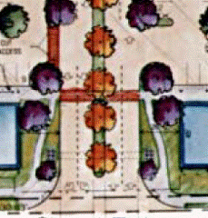 Landscaped center median creates an entry focal point.