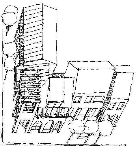 Stepped buildings create visual interest and relate to the pedestrian environment.