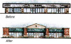 Natural materials, parapets, and columns improve the appearance of a building.