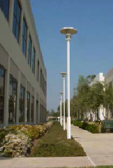 The light fixtures provide security and safety for the pathway below.