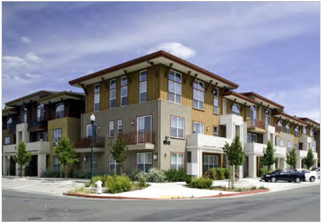 Example of a building that breaks up the Primary and Side Street façades into different vertical components by projecting or recessing external wall surfaces and by adding porches, balconies, etc.