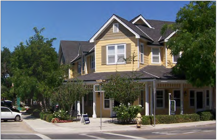 A tall, one-story "block-form" Mixed-Use Building that accommodates retail uses is appropriate for Saticoy's Town Center.