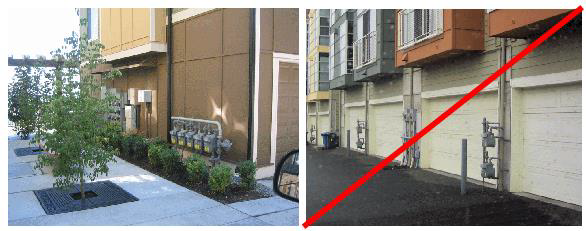 Figure 23. Good and Bad Utility Meter Configurations The examples on the left are consolidated and somewhat screened by landscaping elements, whereas the right examples are exposed and degrade the character of these townhomes.