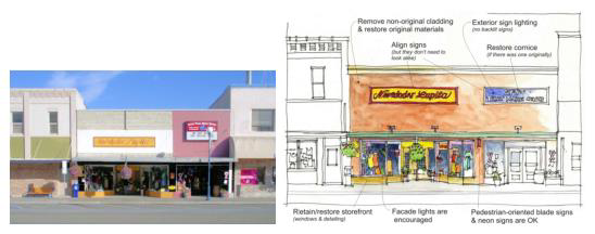 Figure 31. Illustrating how simple facade enhancements can upgrade the historic character of downtown.