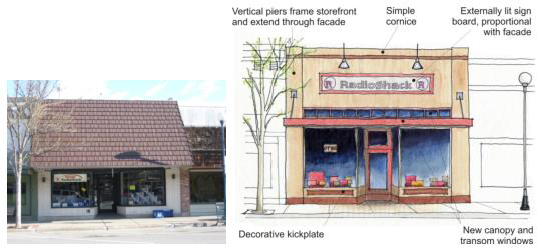 Figure 32. Illustrating a desirable facade renovation to an existing Woodin Avenue building. Use of original facade materials is encouraged, if possible. Otherwise, use durable materials compatible with the facade and historic character of downtown.