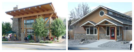 Figure 35. Newer commercial buildings emphasize the use of wood and heavy timbers, prominent rooflines, and accent stonework.