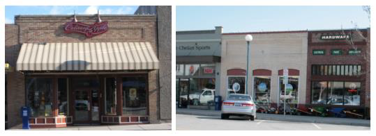 Figure 43. Good Storefront Detail Examples for the Woodin Avenue Historic Core The left image includes a decorative use of brick, decorative awning, and decorative kick-plate. The right image uses a steel canopy (Chelan Sports), decorative use of bricks, and decorative window treatments.