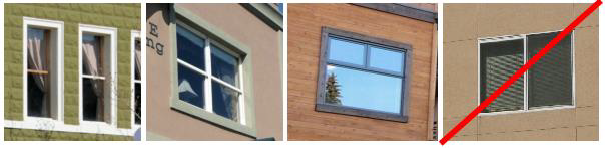Figure 47. Acceptable and Unacceptable (Far Right Image) Window Design on Upper Floors Note that the two windows on the left are recessed from the facade and all three acceptable examples include trim. The image on the right includes no trim or recess/projection.