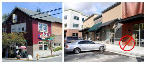 Figure 48. Acceptable and Unacceptable Metal Siding Examples Notice the corner and window trim and use of concrete block near the ground level on the left image. The circled area on the right includes metal siding all the way to the ground, which is prohibited.