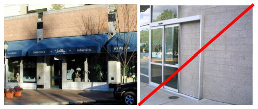 Figure 49. Acceptable and Unacceptable Concrete Block Examples The left example uses a mixture of split-faced colored concrete block and smooth-faced concrete block, together comprising just under 50 percent of the whole facade. The large expanse of smooth-faced concrete block on the right is not desirable for Chelan.