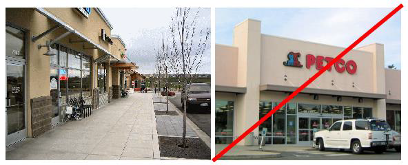 Figure 50. Acceptable and Unacceptable Stucco Examples The left image uses concrete block near the sidewalk, while the Petco maintains stucco to the base of the facade.