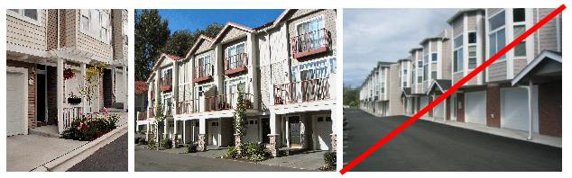 Figure 9. Good and Bad Examples Of Garage/Entry Configurations The left example features a landscaped area and a trellis to highlight the entry. In the middle image, the balconies and landscaped areas deemphasize the garage. In the right image, the lack of landscaping is a glaring omission.