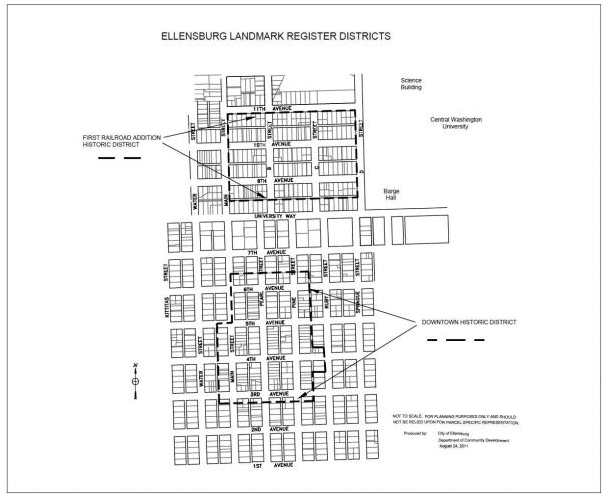 Figure 15.300.070(B). Downtown and First Railroad Addition historic district boundaries.