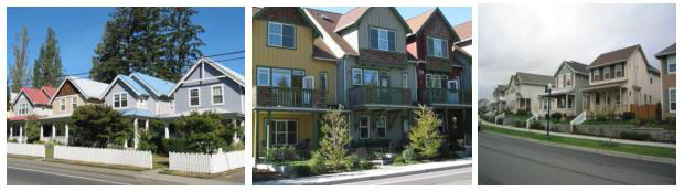 Figure 15.320.130(A)(1). Acceptable fences and walls for the front yard of residential uses. The left image uses a picket fence. The middle image uses a low wrought iron fence. The right image uses a low masonry retaining wall.