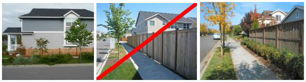 Figure 15.320.130(A)(2). Acceptable and unacceptable fences on corner lots for side yard/flanking streets or along reverse frontage lots where the back yard abuts a street. The left example is a low picket fence. Taller fences like that in the middle image are acceptable along the side and rear yard, but are not allowed within five feet of a sidewalk. The right image shows an acceptable example where the fence is set back away from the sidewalk to allow space for landscaping.